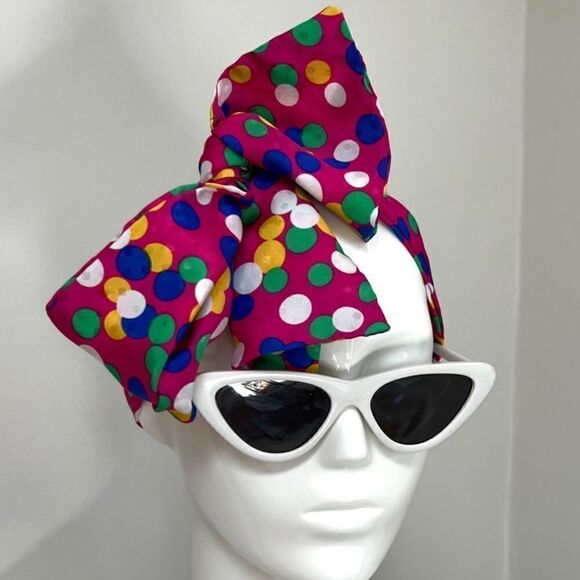 Vintage 1970s / 1980s Handmade Quirky Rainbow Polka Dot Hair Neck or Bag Scarf - Picture 3 of 3